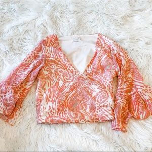 Anthropologie Sage the Label Crossover Flowy Blouse Small Coral Pink White S